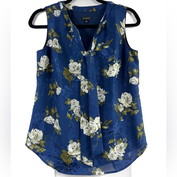 Talbot Navy Floral Sleeveless Tie Neck Blouse Size XS - Picture 2 of 10